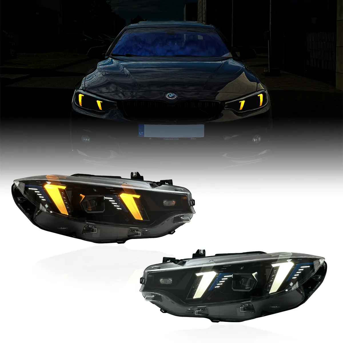 BMW 4er (F32/F33/F36) & M3 (F80) / M4 (F82/F83) LED Snake-Eye Scheinwerfer — gelbe/weiße DRL — 20...